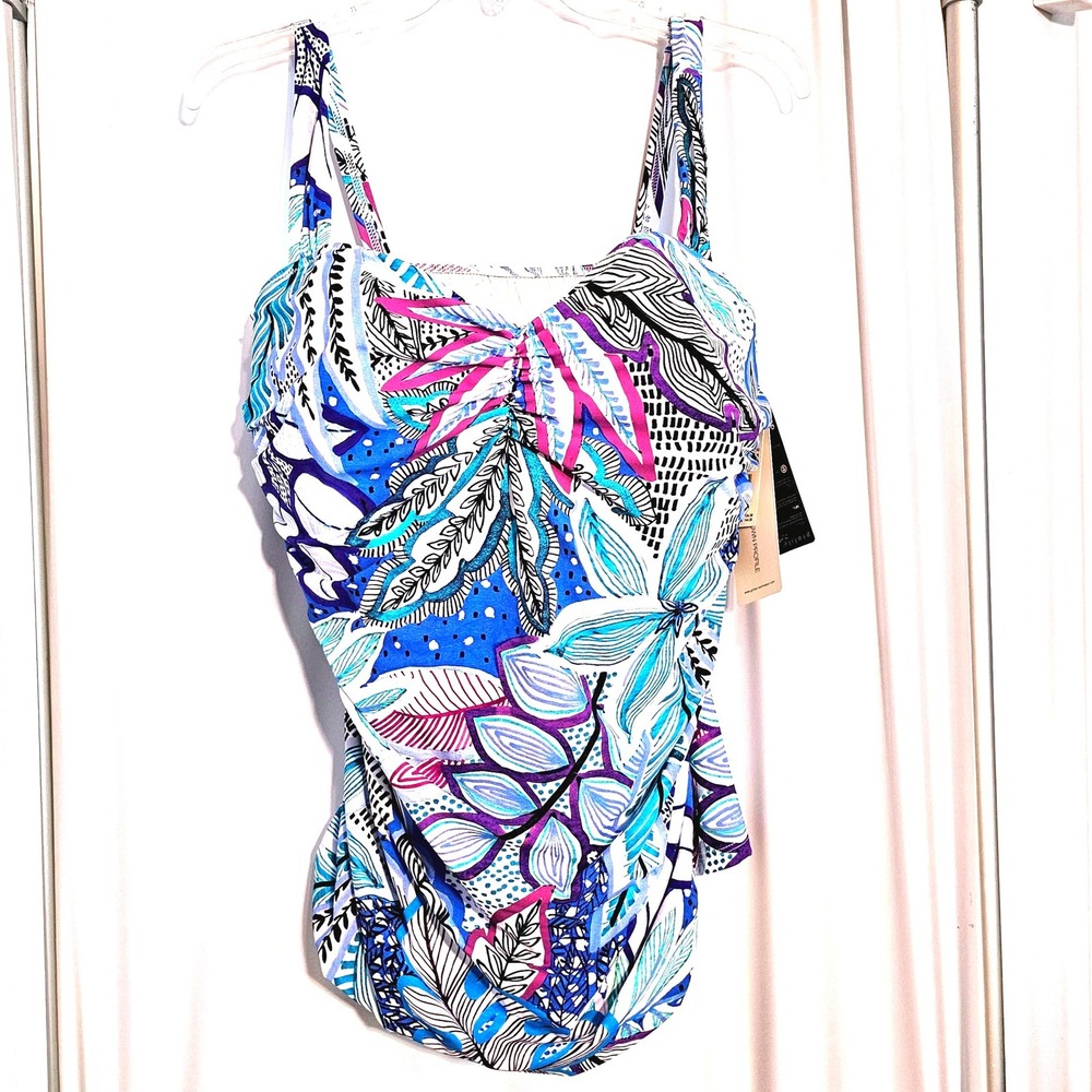 Profile by Gottex Blue White Purple Tropical Floral Tankini Swim Top NWT 22W